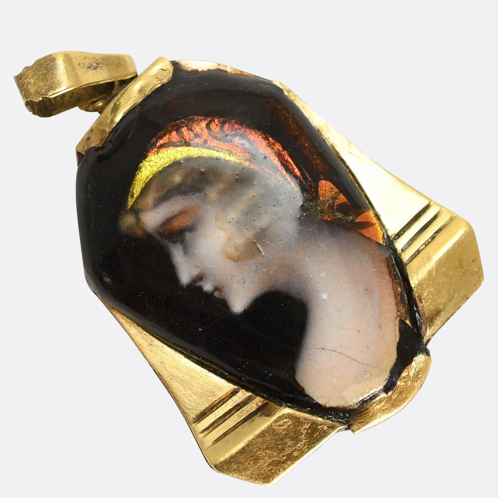 1920's French Limoges Enamel Portrait Pendant