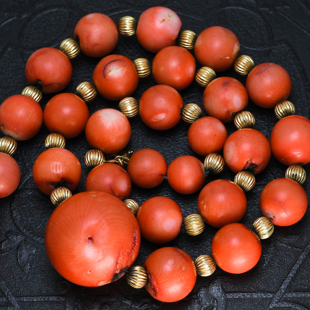 Etruscan Revival Coral & Gold Bead Necklace