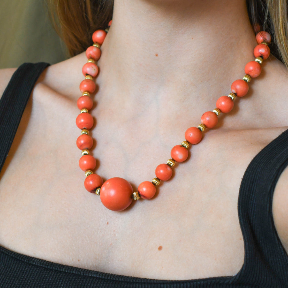 Etruscan Revival Coral & Gold Bead Necklace