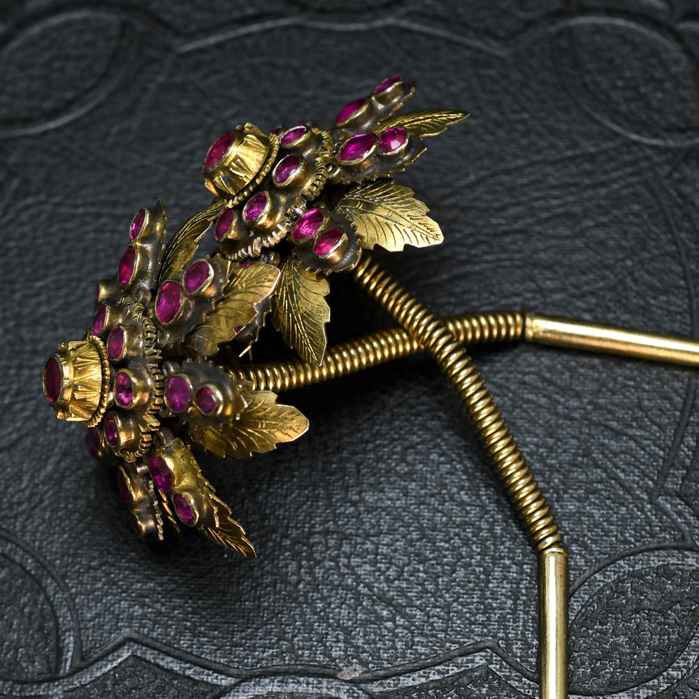 Victorian Ruby Flower Cluster Hair Pins