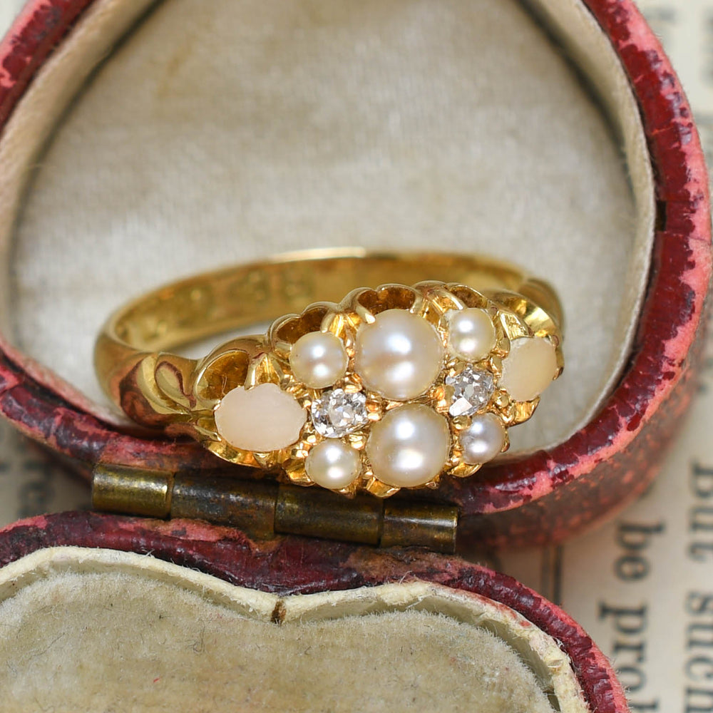 Victorian Pearl, Coral & Diamond Cluster Ring