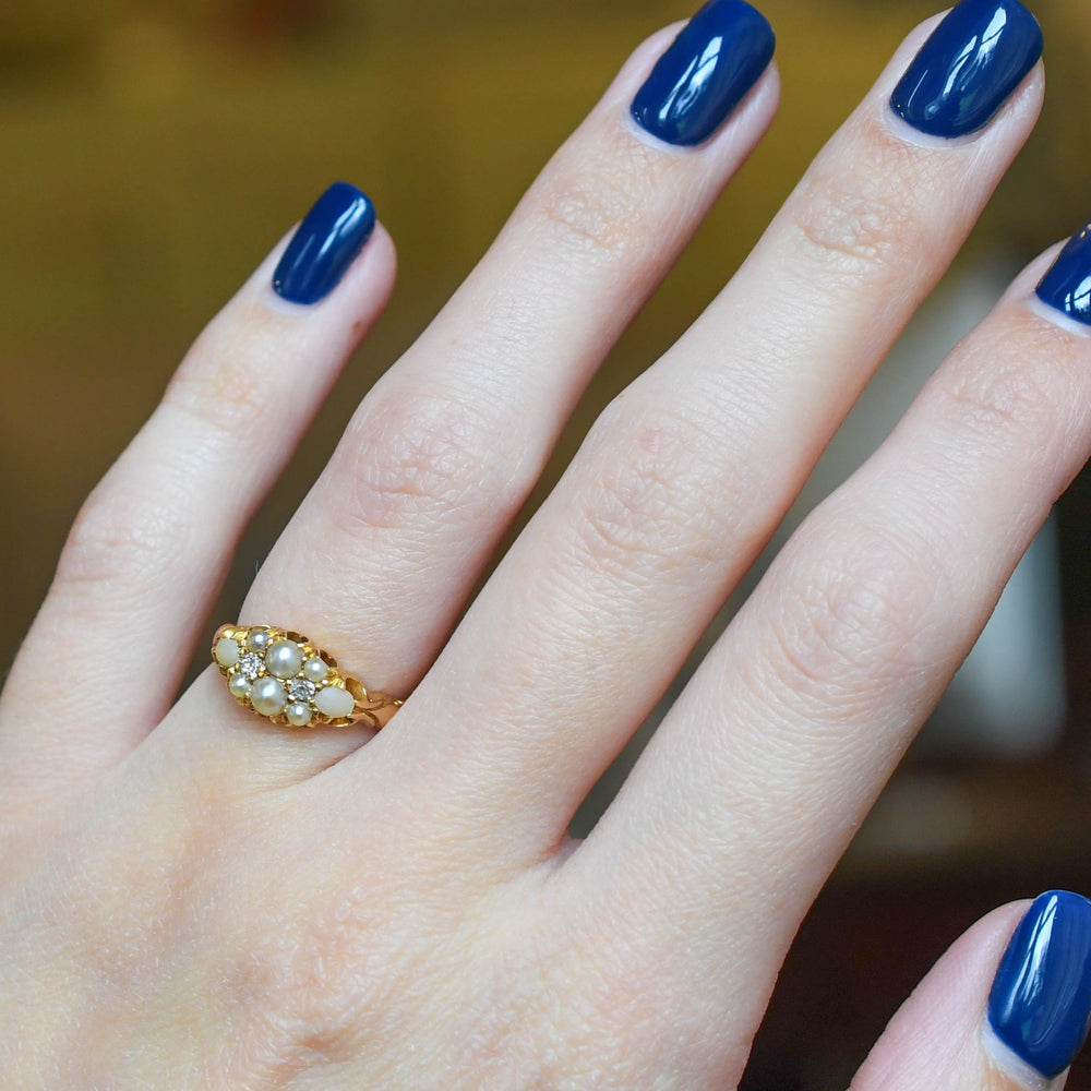 Victorian Pearl, Coral & Diamond Cluster Ring