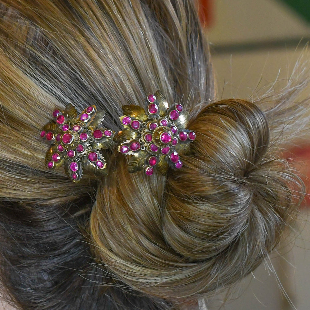 Victorian Ruby Flower Cluster Hair Pins