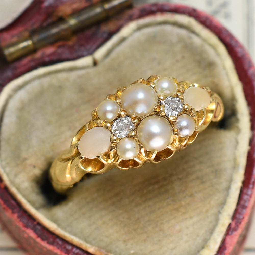 Victorian Pearl, Coral & Diamond Cluster Ring