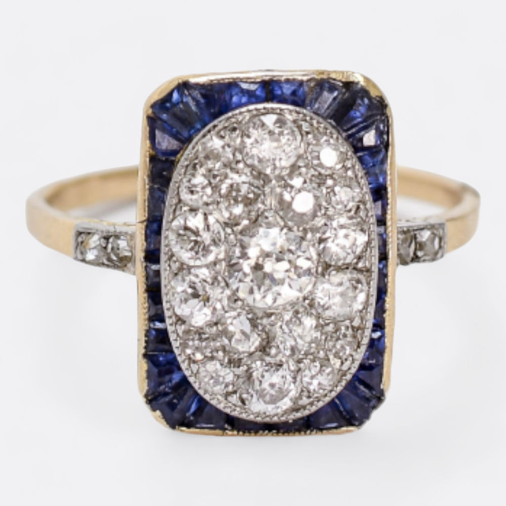 French Art Deco Diamond & Sapphire Cluster Ring