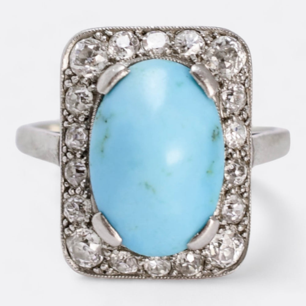 French Edwardian Turquoise & Diamond Cluster Ring