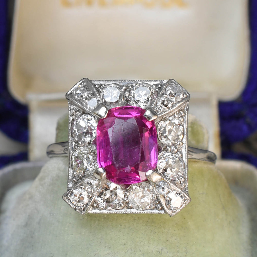 Belle Époque Burma Pink Sapphire & Diamond Square Cluster Ring