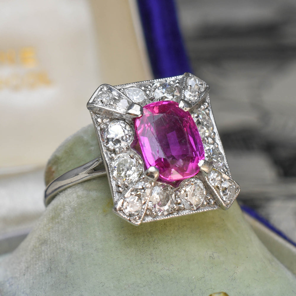 Belle Époque Burma Pink Sapphire & Diamond Square Cluster Ring