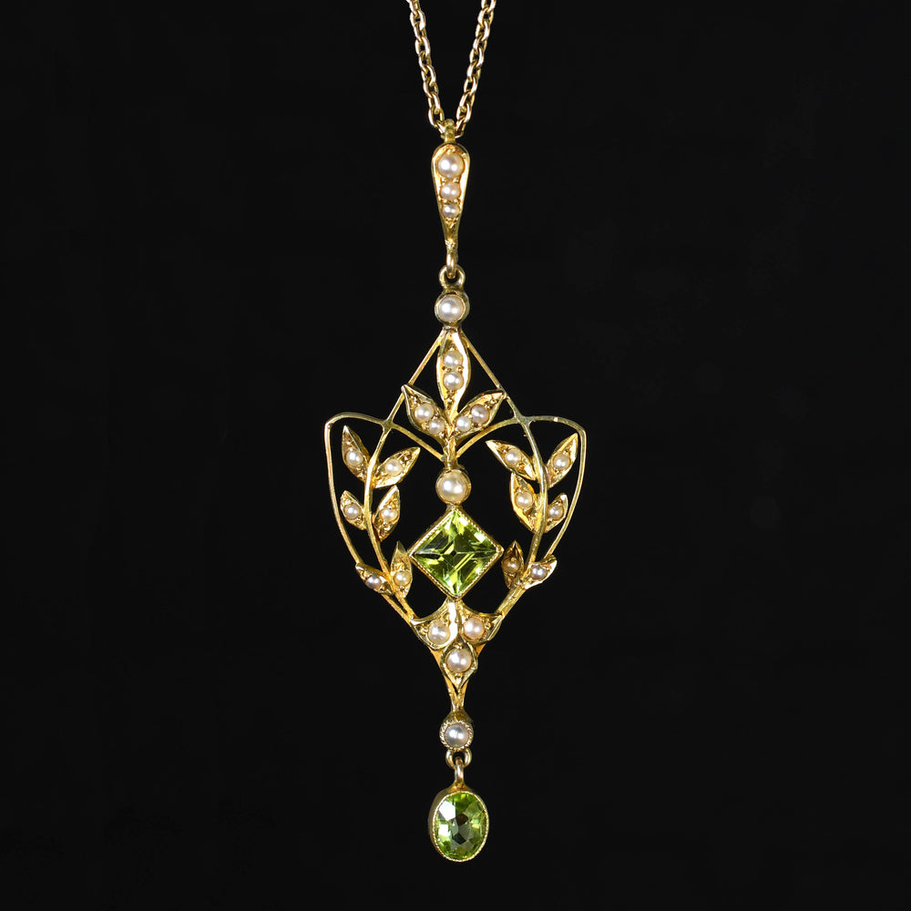 Art Nouveau Peridot & Pearl Lavaliere Pendant