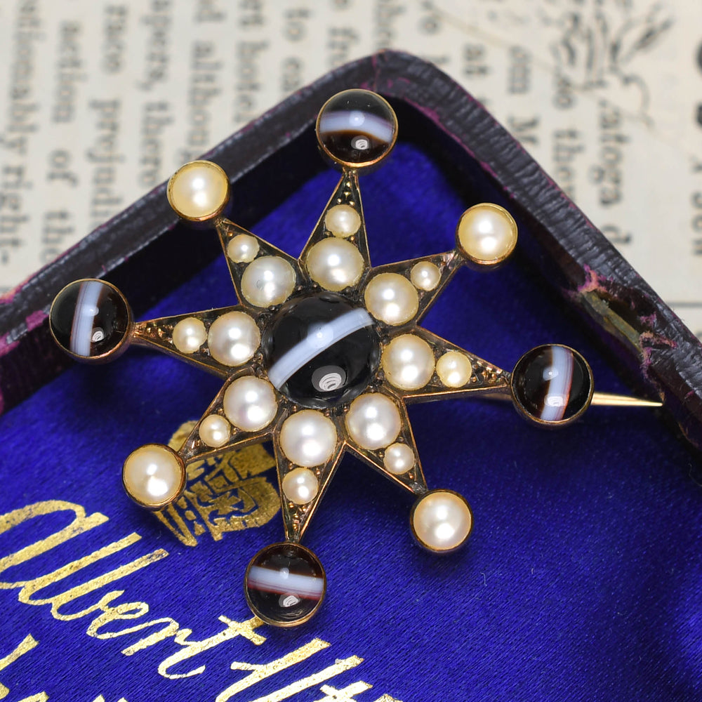 Victorian Banded Agate & Pearl Star Brooch