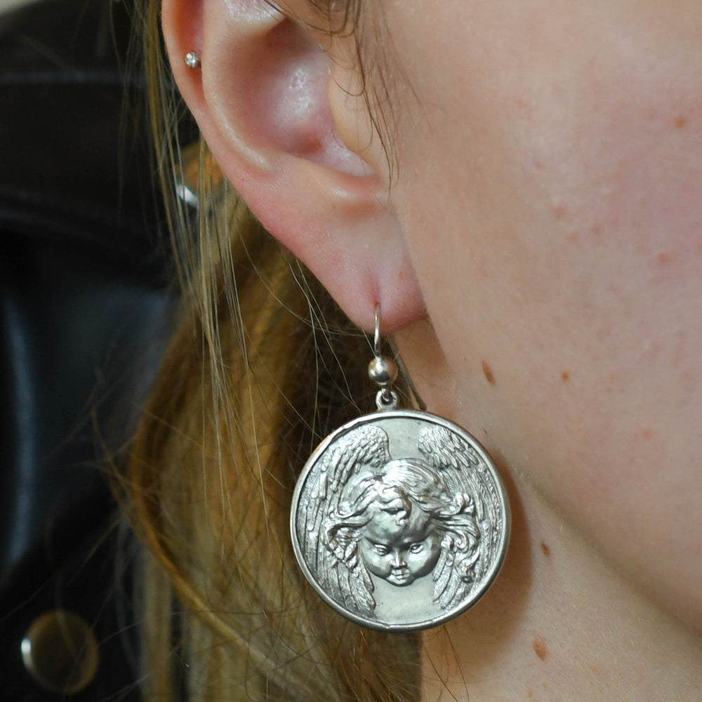 Victorian Silver Winged Cherub Disc Earrings