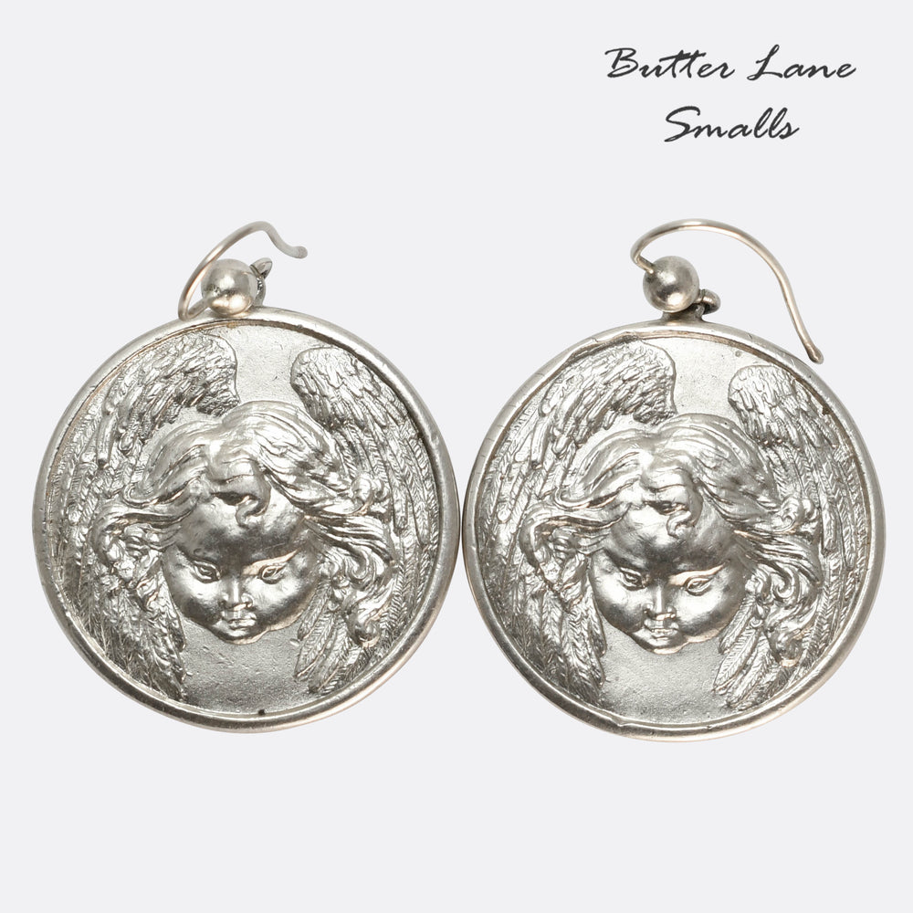 Victorian Silver Winged Cherub Disc Earrings