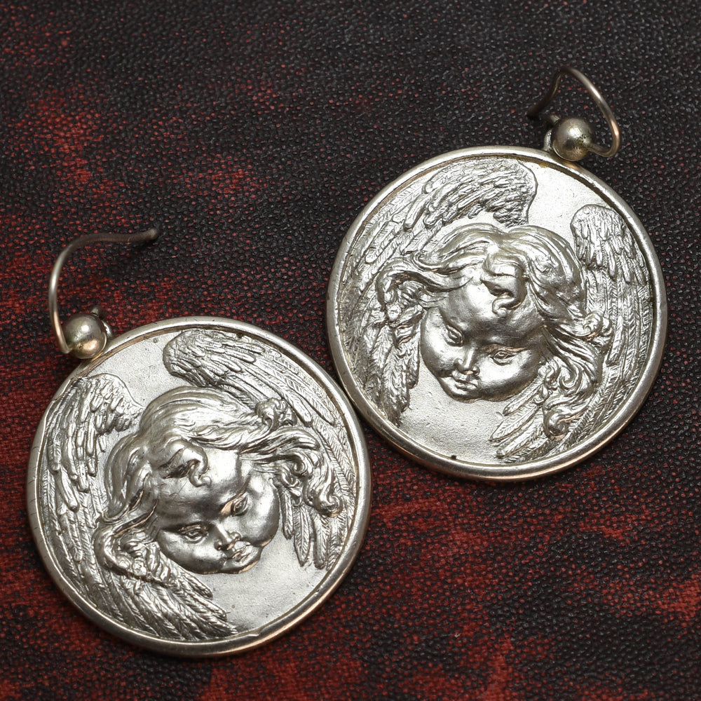 Victorian Silver Winged Cherub Disc Earrings