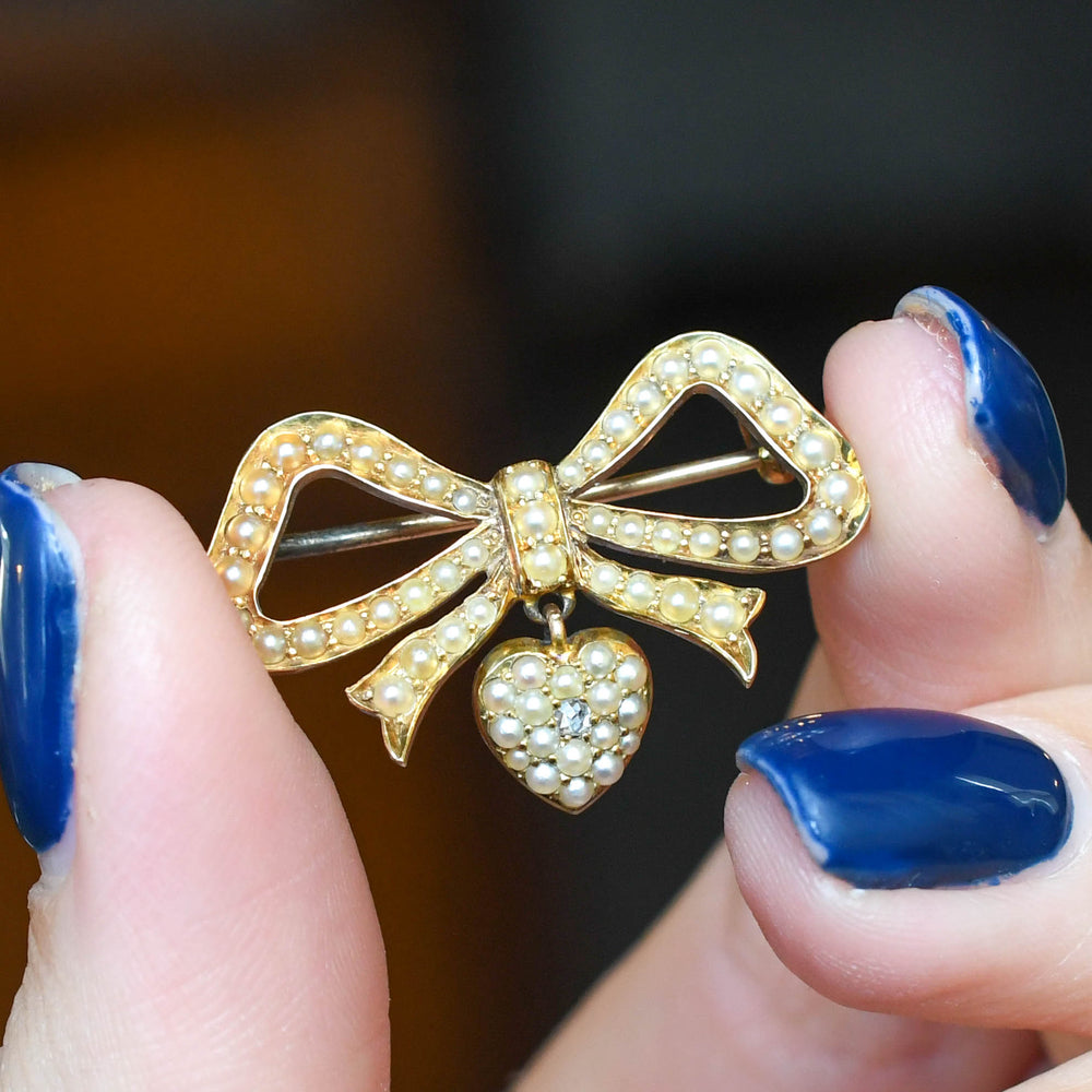 Edwardian Pearl Bow & Heart Brooch