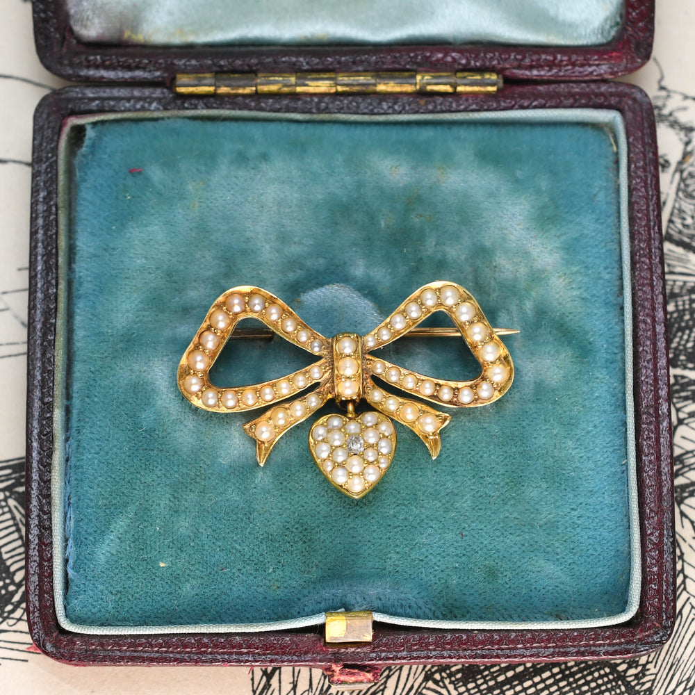 Edwardian Pearl Bow & Heart Brooch