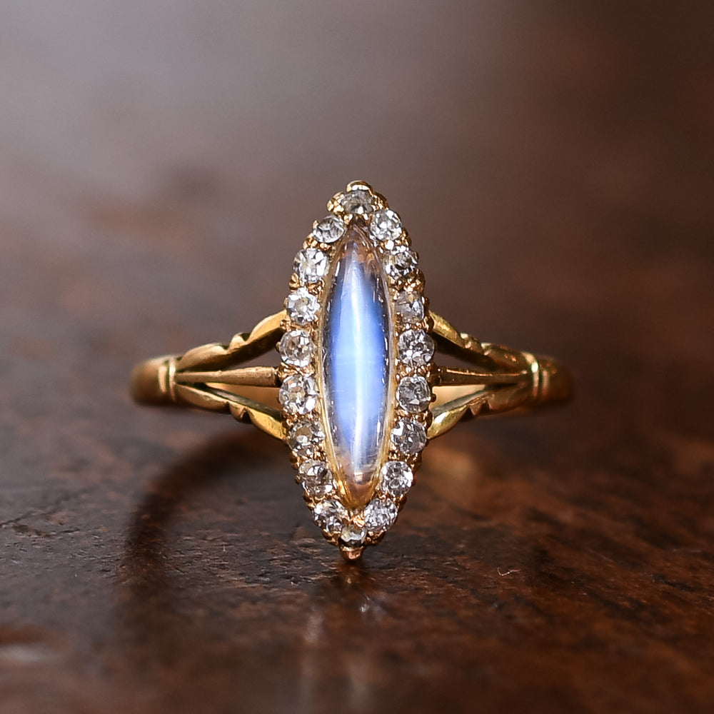 Edwardian Moonstone & Diamond Navette Ring – Butter Lane Antiques