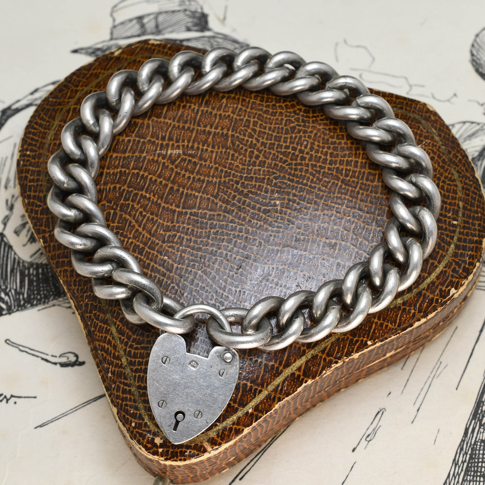 Victorian Silver Curb-Link Bracelet with Heart Padlock Clasp