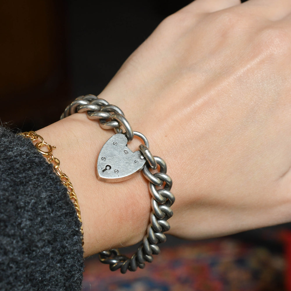 Victorian Silver Curb-Link Bracelet with Heart Padlock Clasp