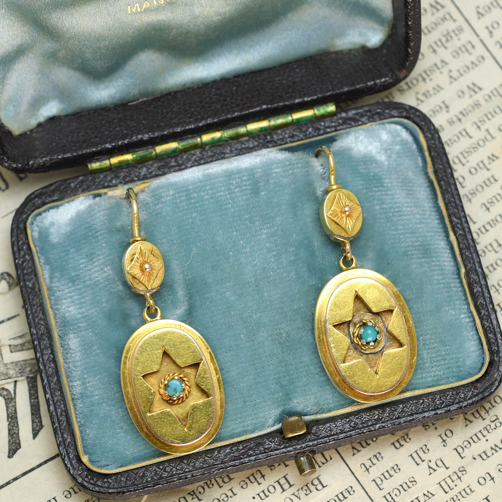 Etruscan Revival Turquoise Star Drop Earrings