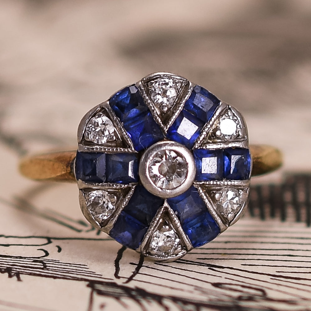 Art Deco Diamond & Sapphire Cluster Ring