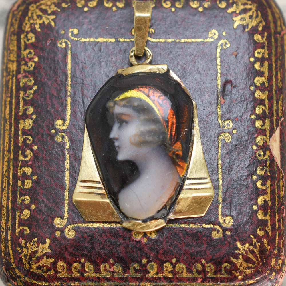 1920's French Limoges Enamel Portrait Pendant