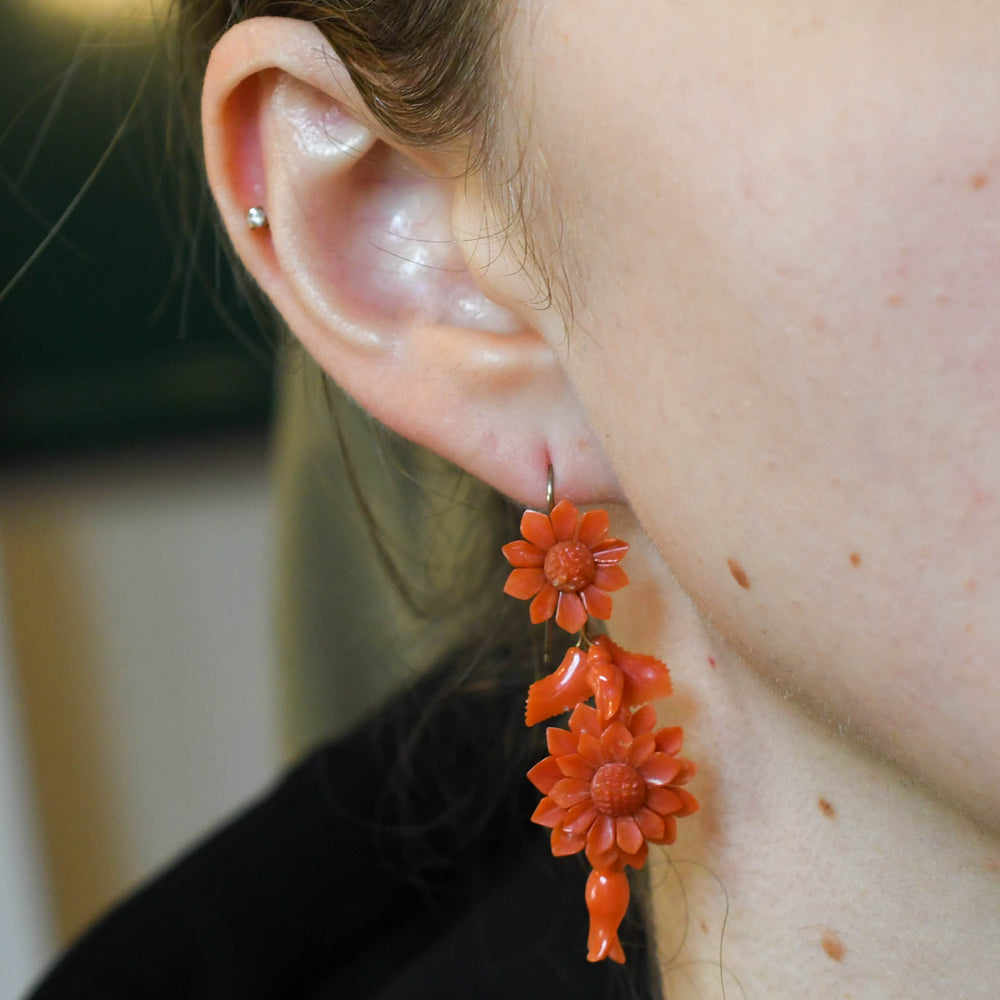 Victorian Carved Coral Floral Drop Earrings