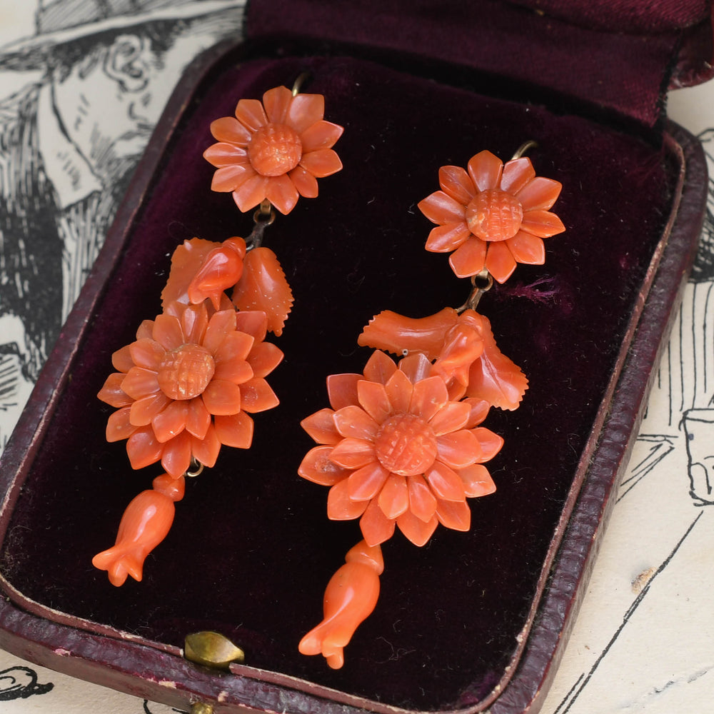 Victorian Carved Coral Floral Drop Earrings