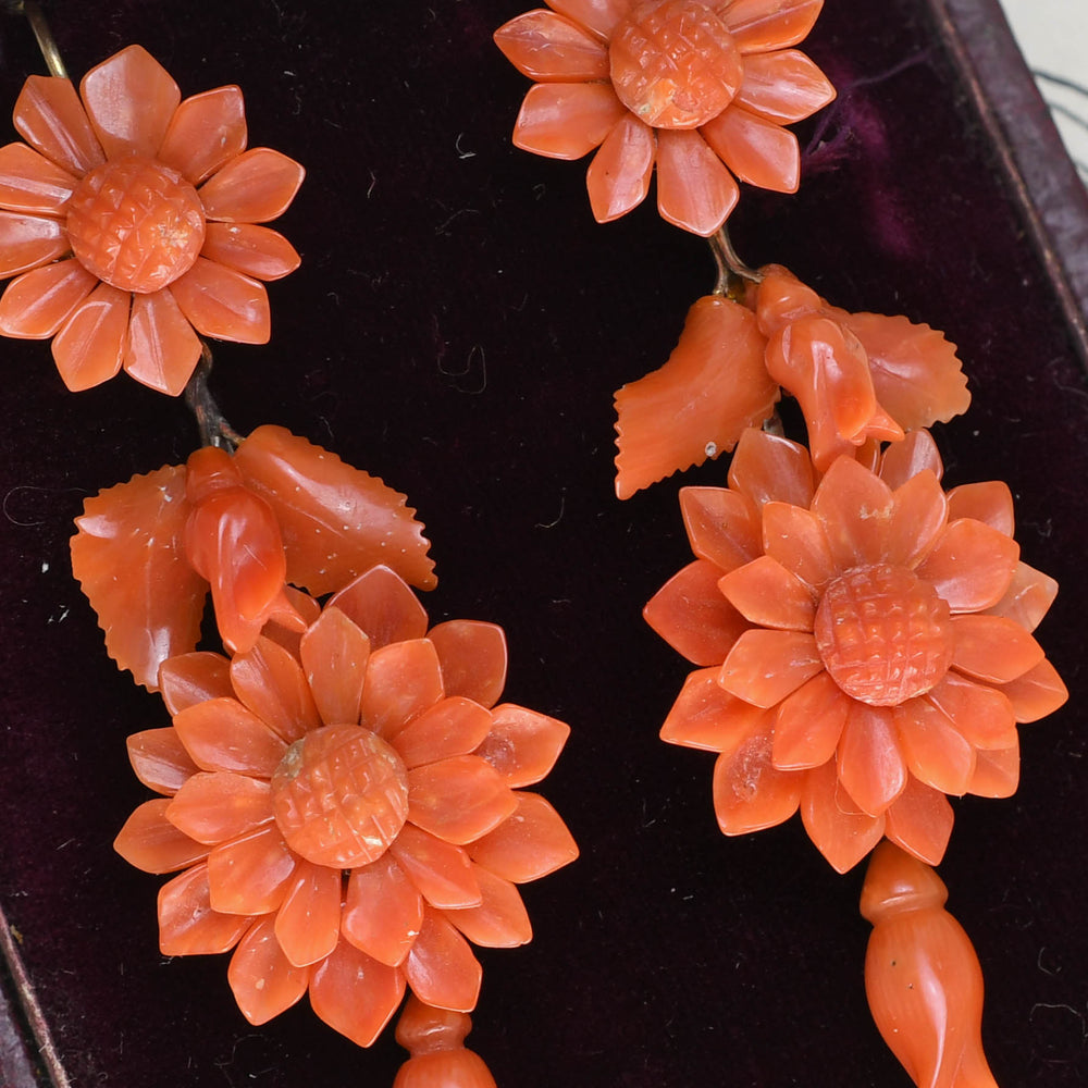 Victorian Carved Coral Floral Drop Earrings