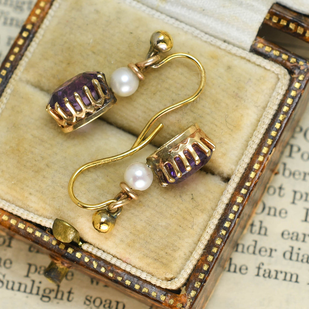 Victorian Amethyst & Pearl Drop Earrings