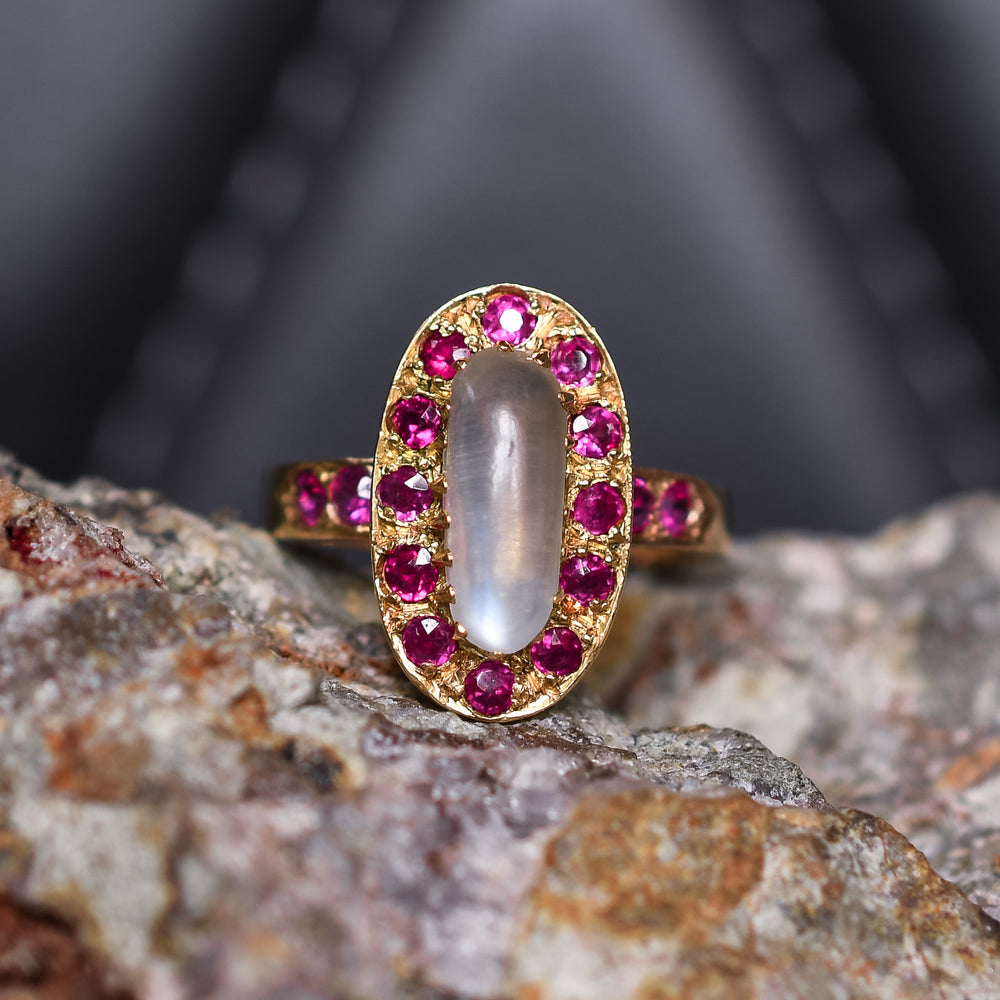 Mid-Century Ruby & Moonstone Cluster Ring