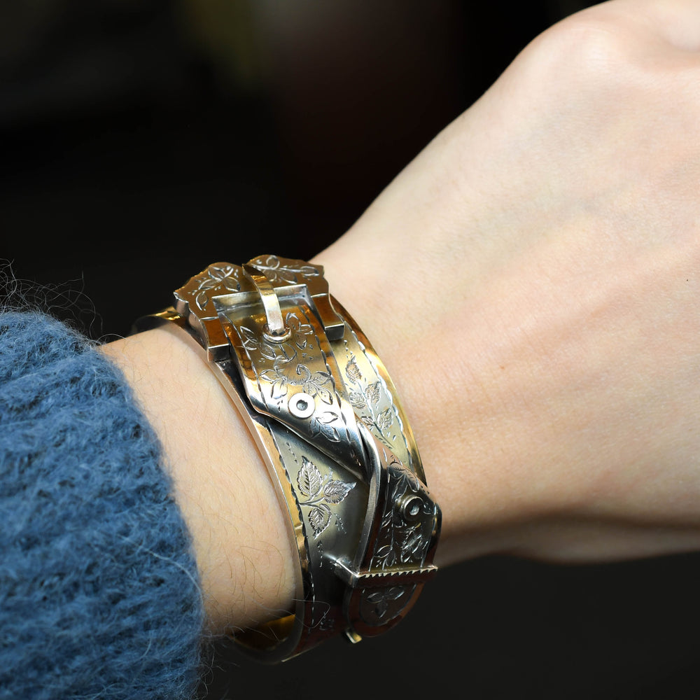 Victorian Silver & Rose Gold Buckle Cuff Bangle