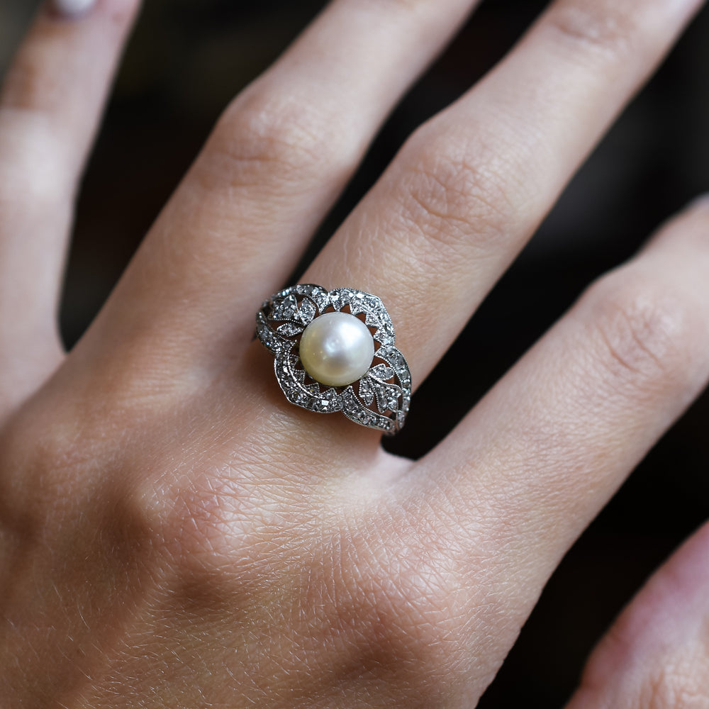 French Belle Epoque Pearl and Diamond Cocktail Ring