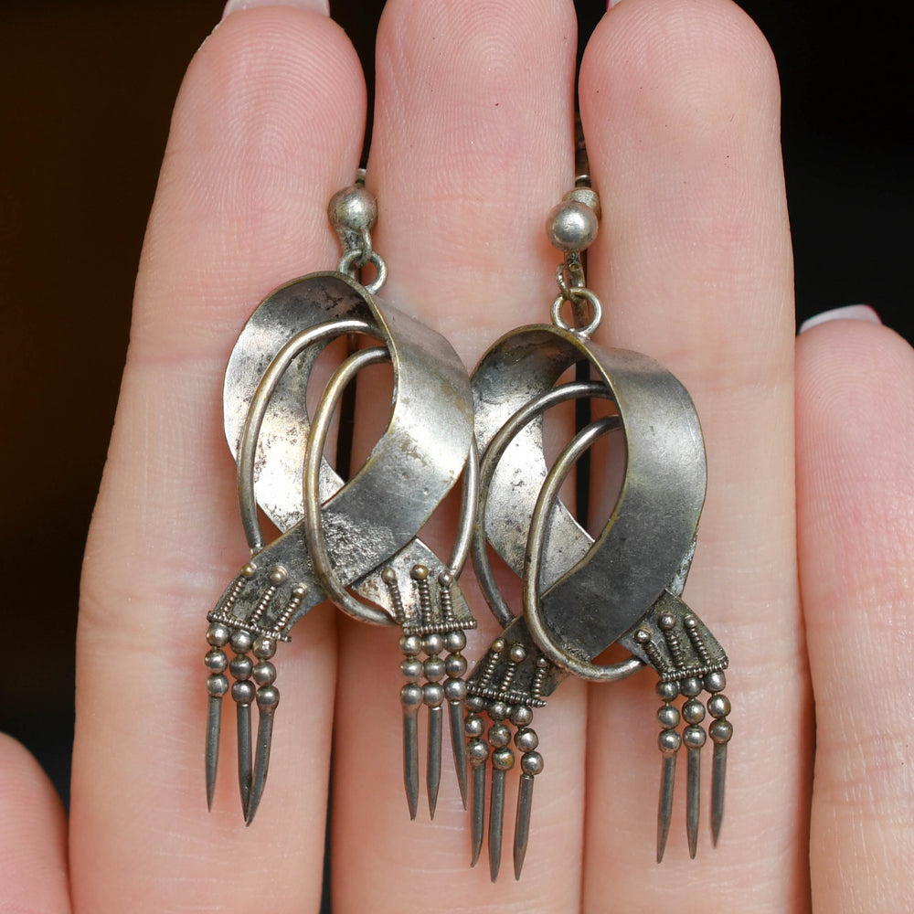 Etruscan Revival Silver Ribbon & Tassel Earrings