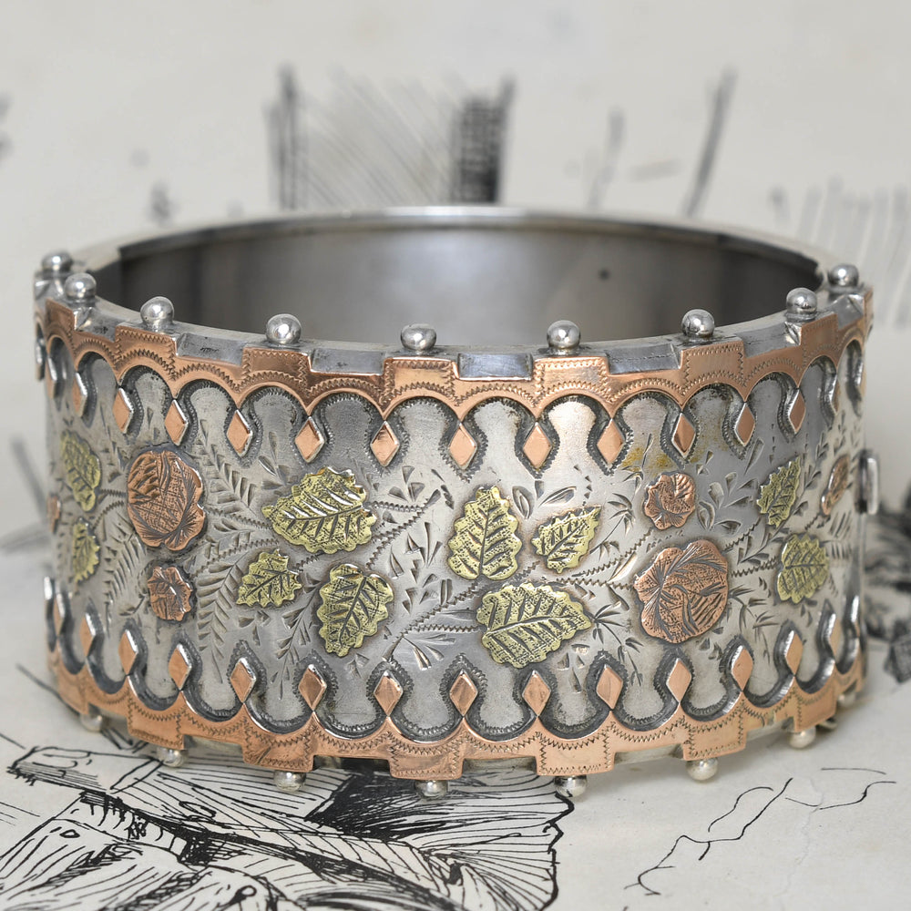 Victorian Silver & Two-Tone Gold Floral Cuff Bangle