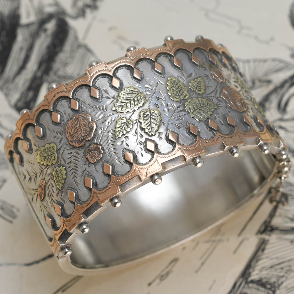 Victorian Silver & Two-Tone Gold Floral Cuff Bangle