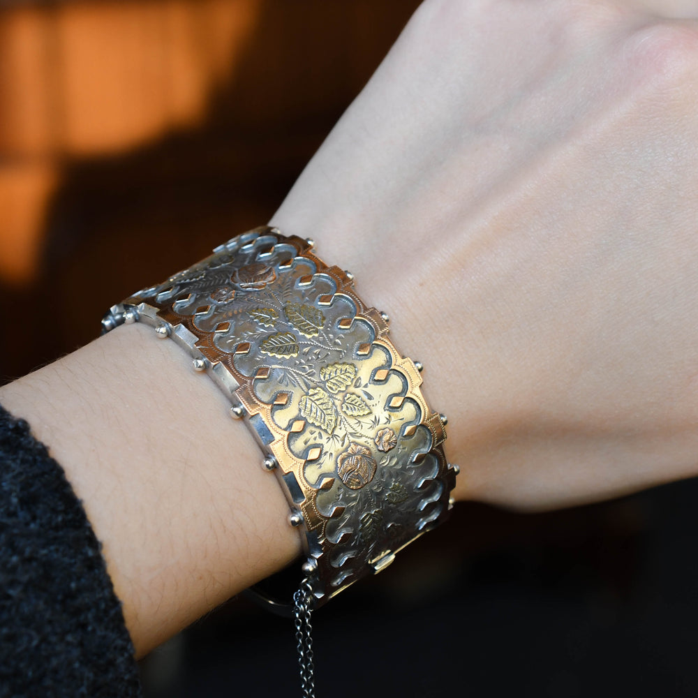 Victorian Silver & Two-Tone Gold Floral Cuff Bangle