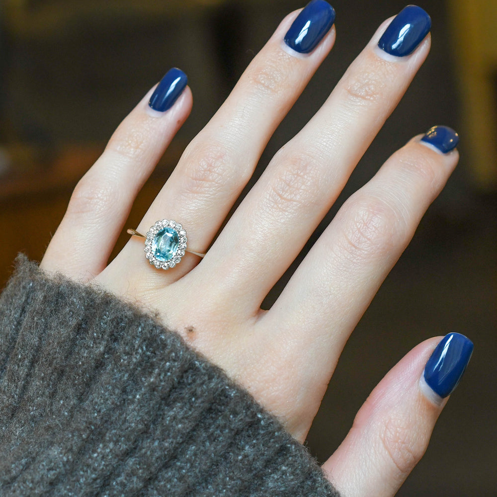 Edwardian Aquamarine & Diamond Flower Cluster Ring