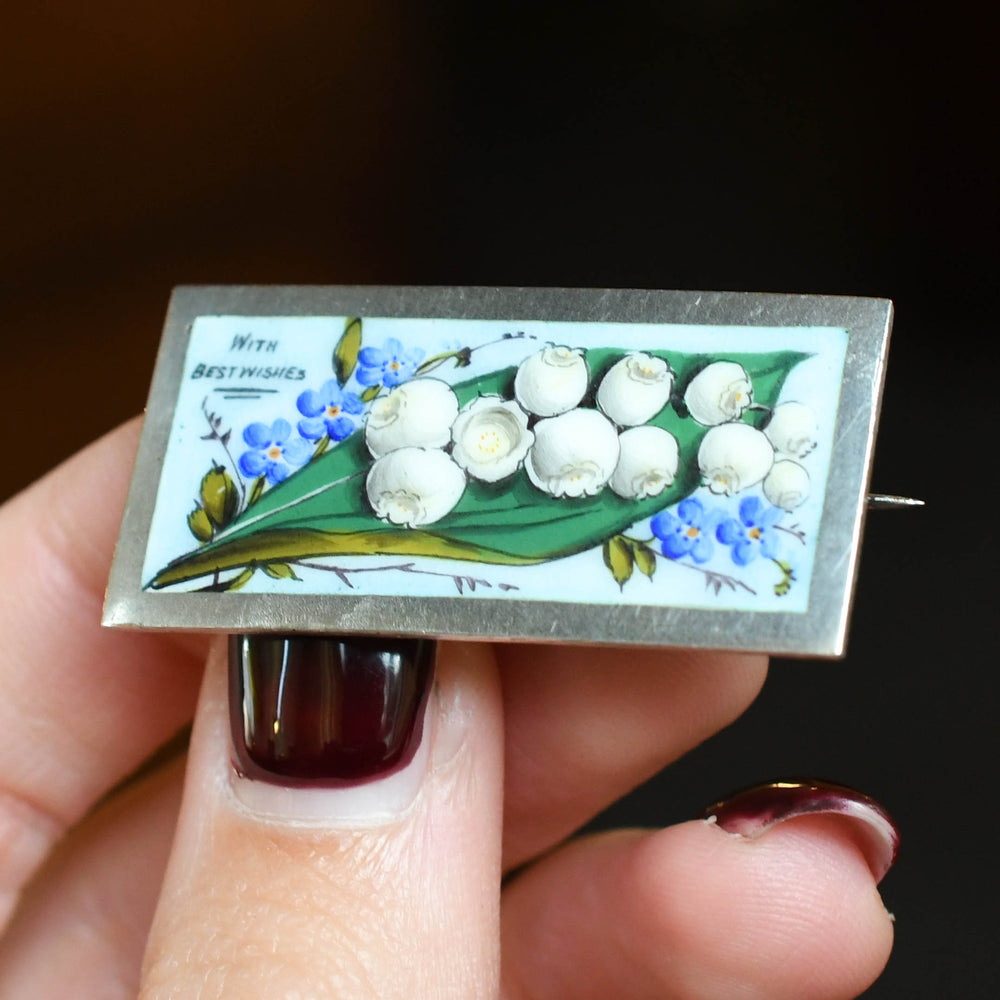 Victorian Lily of the Valley Enamelled Silver Brooch