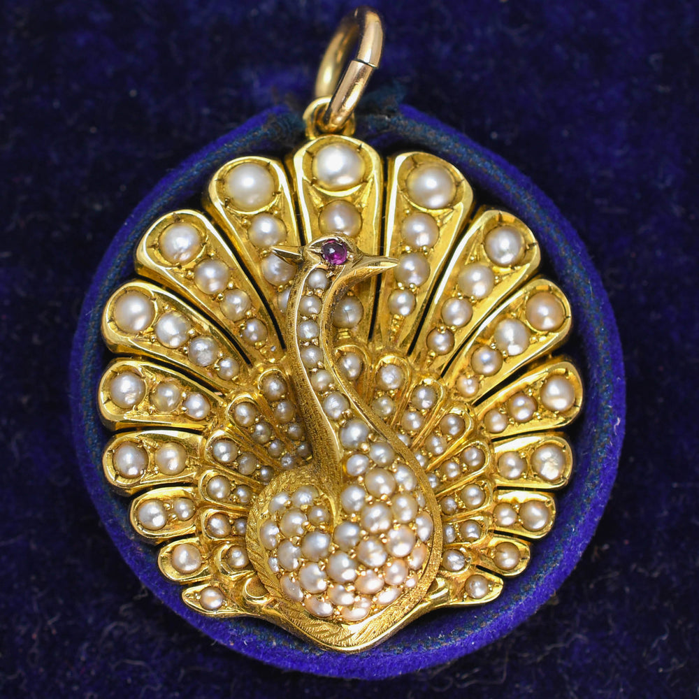 Victorian Pearl & Ruby Peacock Pendant