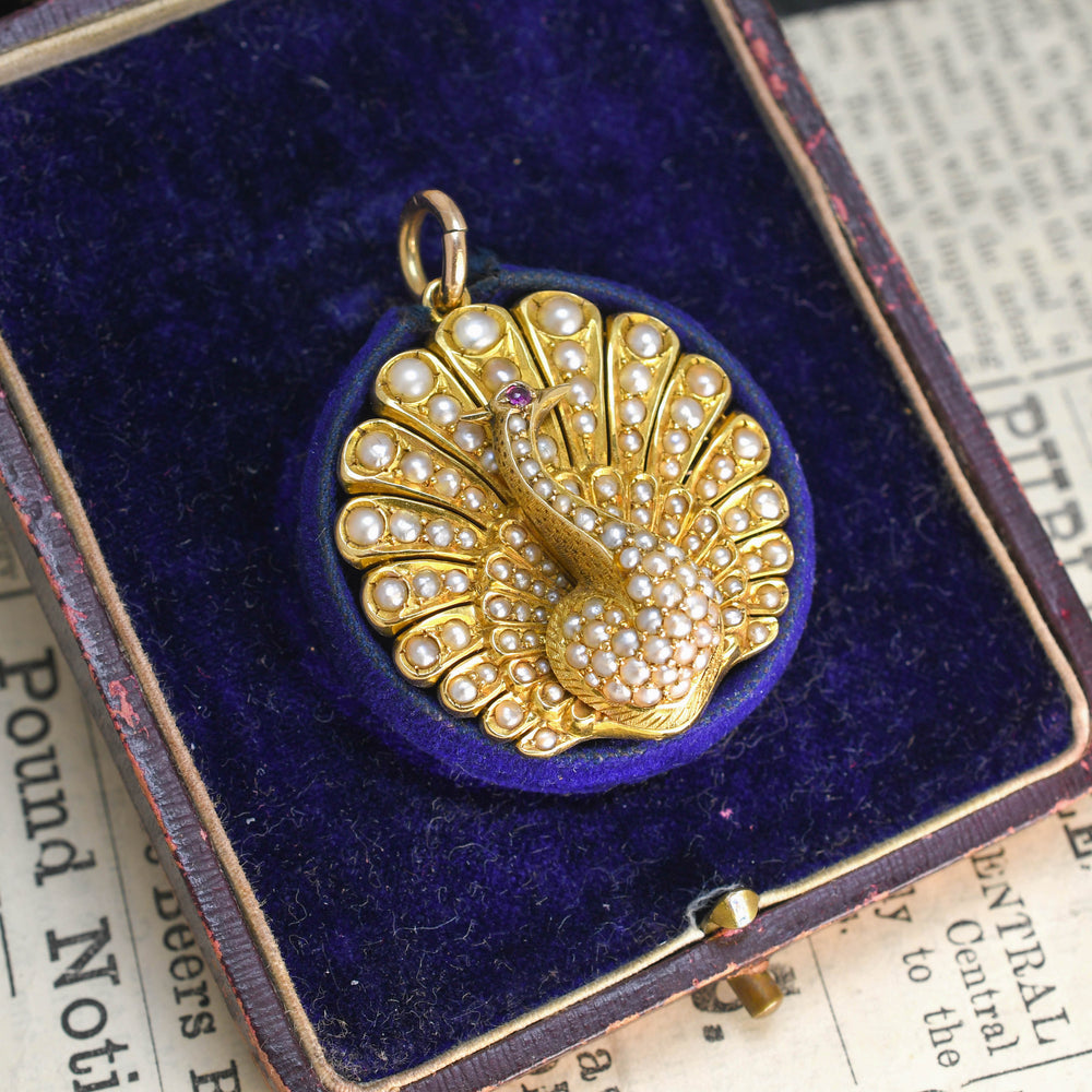 Victorian Pearl & Ruby Peacock Pendant