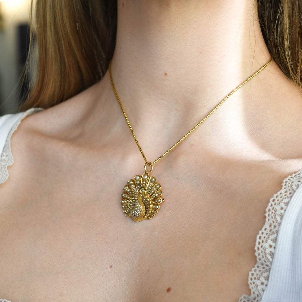 Victorian Pearl & Ruby Peacock Pendant