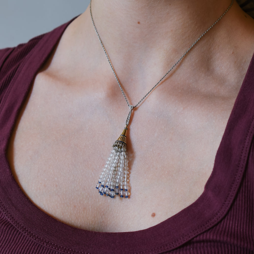Art Deco Rock Crystal & Sapphire Bead Sautoir Necklace