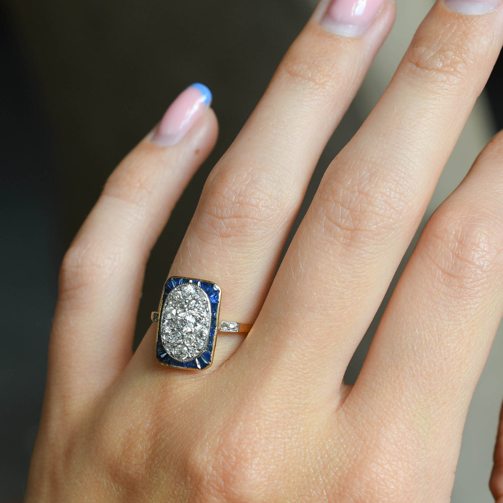 French Art Deco Diamond & Sapphire Cluster Ring