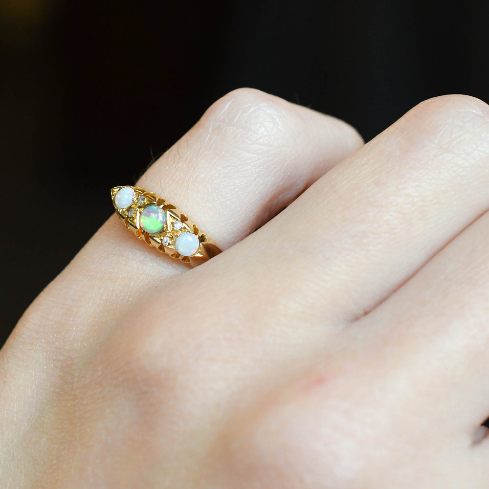 Edwardian Opal & Diamond Boat Ring