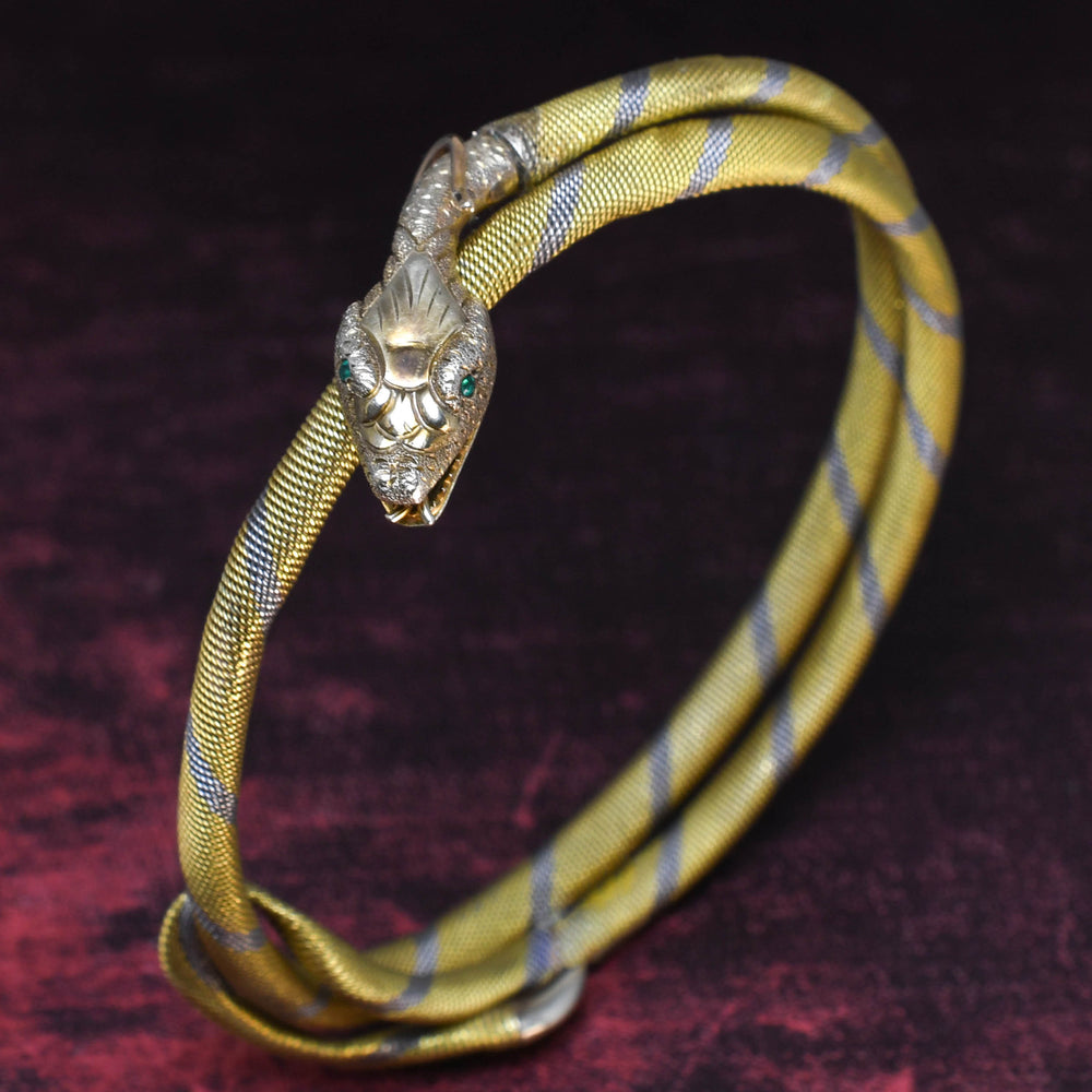 Edwardian 18k Gold & Platinum Emerald Snake Bangle