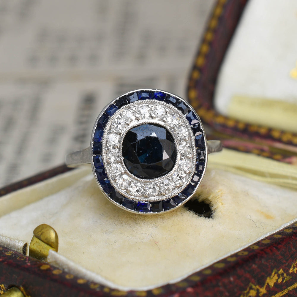 Art Deco French Sapphire & Diamond Target Ring