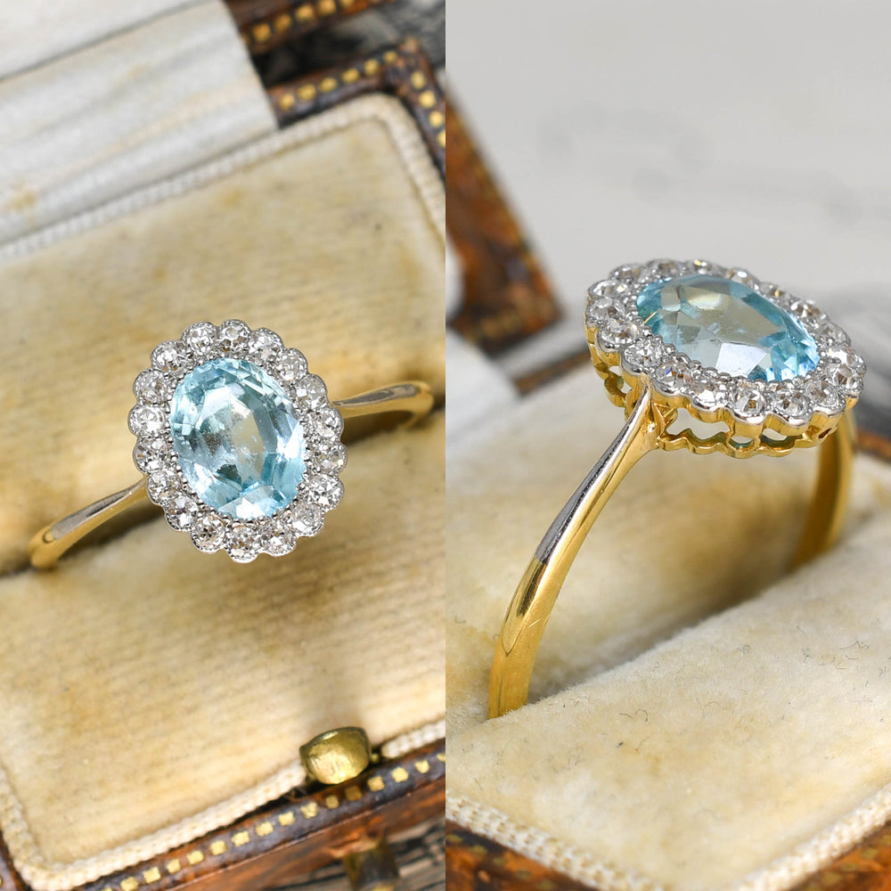 Edwardian Aquamarine & Diamond Flower Cluster Ring