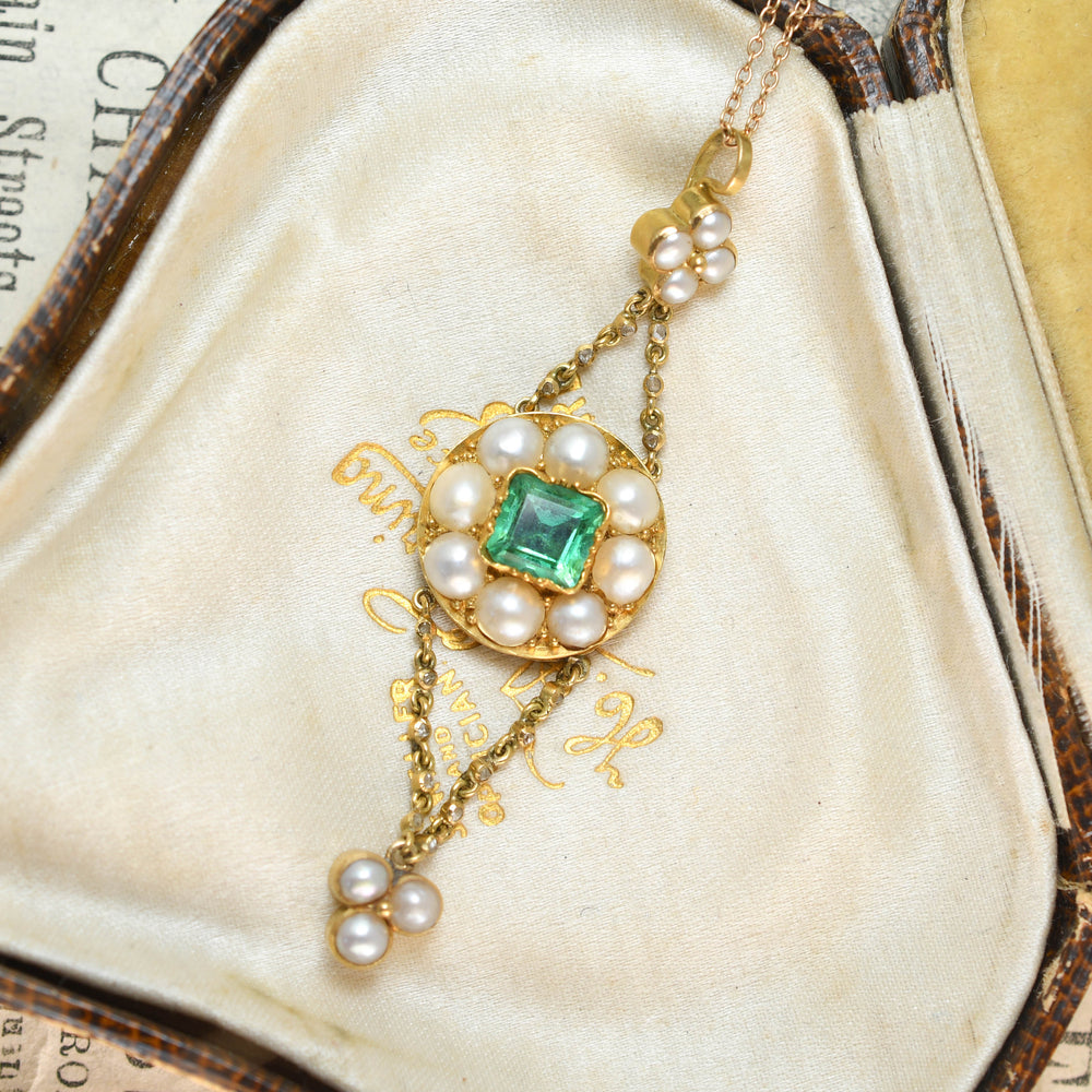 Victorian Colombian Emerald & Pearl Pendant Necklace