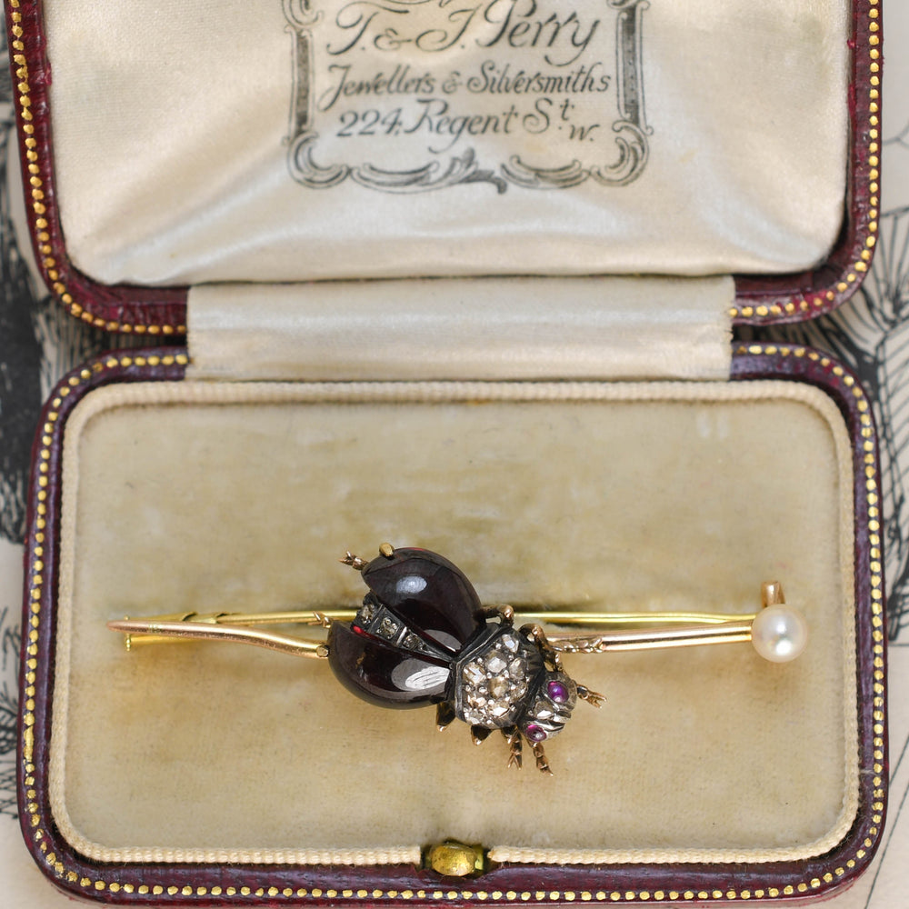 Victorian Diamond, Garnet & Pearl Insect Bar Brooch