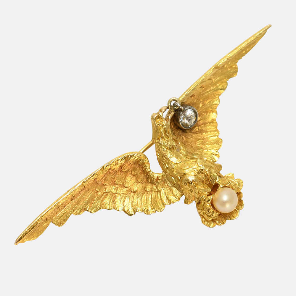 Antique French Diamond & Pearl Eagle Brooch